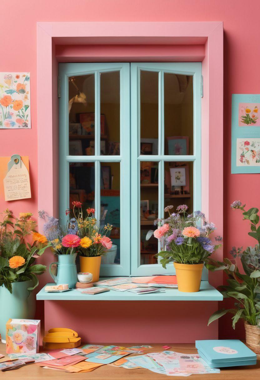 A whimsical scene featuring a colorful workspace filled with an assortment of invitation cards in various stages of design. Brightly colored papers, scissors, and stamps are scattered around, while a cheerful character is joyfully crafting a card adorned with humorous illustrations and uplifting quotes. Soft pastel colors and playful elements create a light-hearted atmosphere. The background includes a hint of nature with flowers peeking through a window, enhancing the cheerful theme. vibrant colors. 3D.