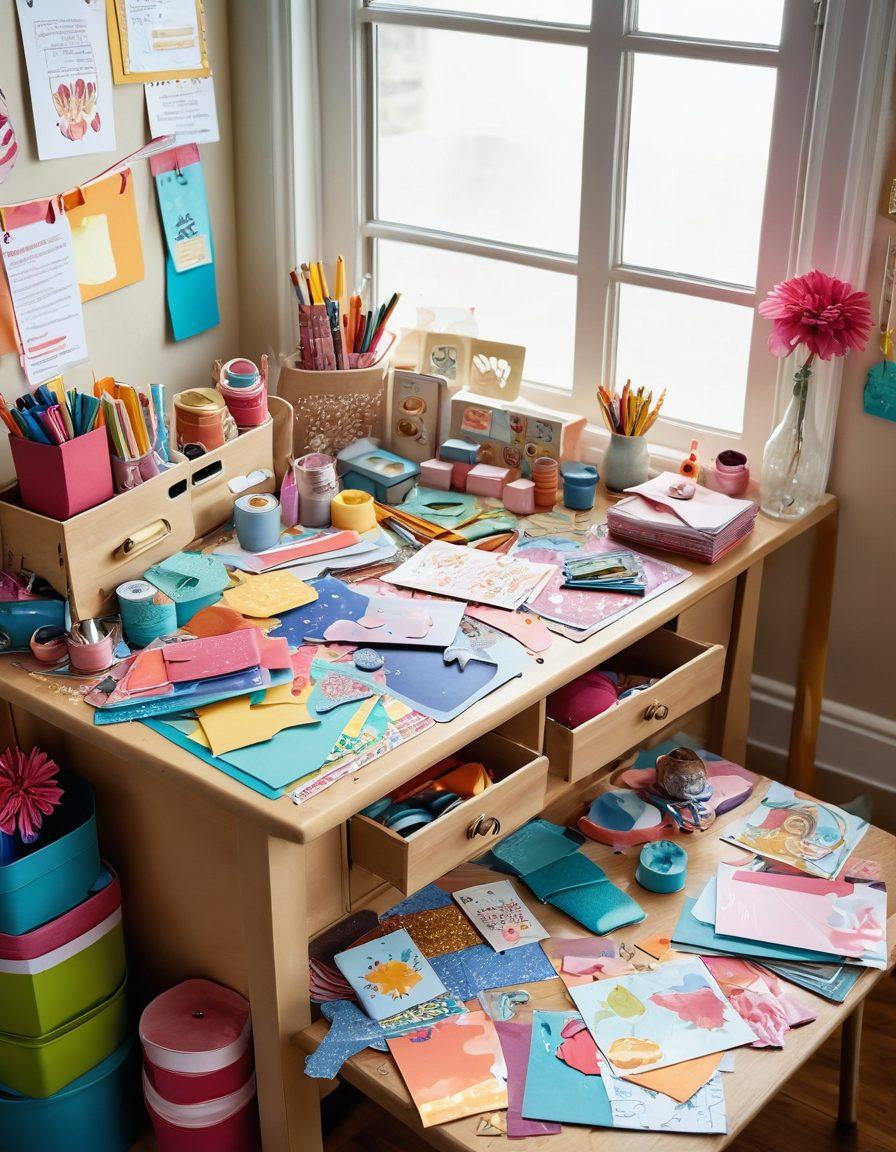 A colorful and whimsical card-making scene featuring an inviting crafting table overflowing with playful materials like glitter, ribbons, and colorful papers. Include a variety of finished playful cards showcasing vibrant designs for different occasions, adorned with whimsical characters and uplifting messages. A cheerful atmosphere is created by sunlight streaming through a window, illuminating the space. Add a few crafting tools like scissors, stamps, and ink pads scattered around for added detail. abstract, vibrant colors, playful illustration.