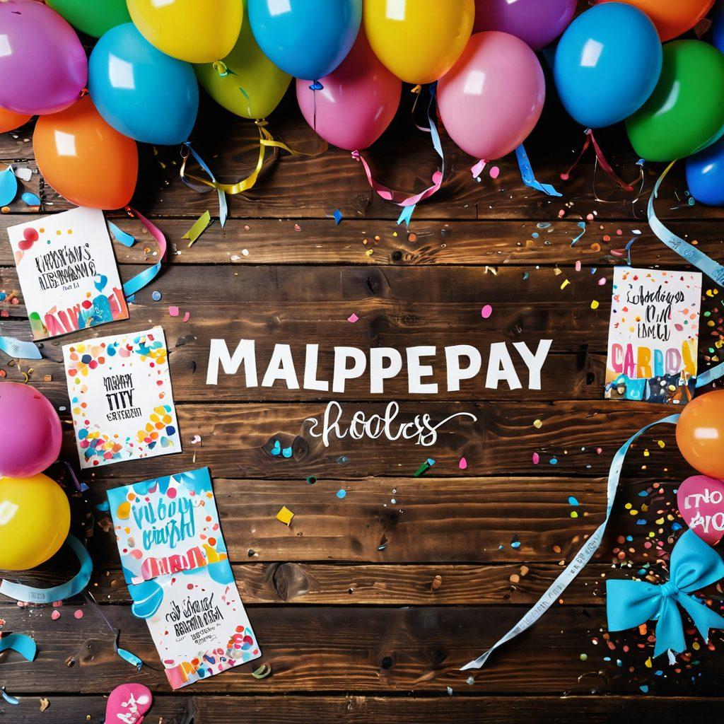A colorful array of beautifully designed cards spread out on a rustic wooden table, featuring whimsical patterns, vibrant confetti, and playful typography; include festive elements like balloons and streamers in the background, capturing the essence of celebration. super-realistic. vibrant colors. soft focus.
